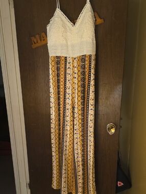 Derek Heart White Crochet Top Yellow Striped Boho Jumpsuit